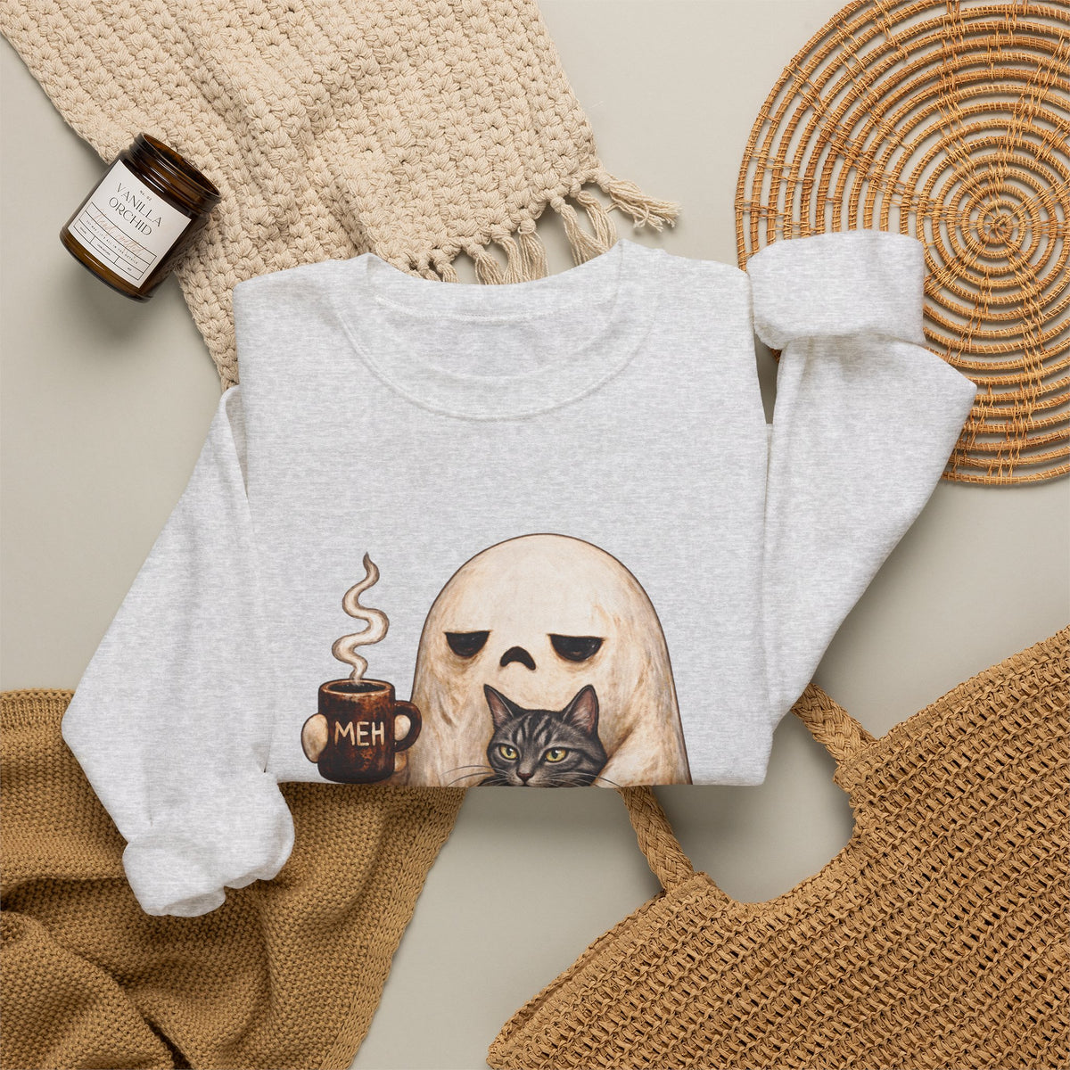 Meh Ghost and Gray Tabby Cat - Crewneck Sweatshirt