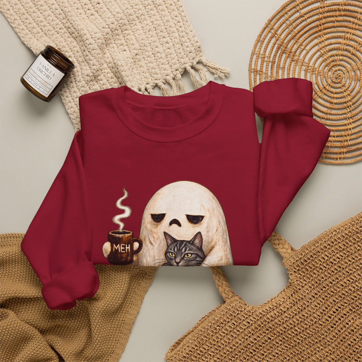 Meh Ghost and Gray Tabby Cat - Crewneck Sweatshirt