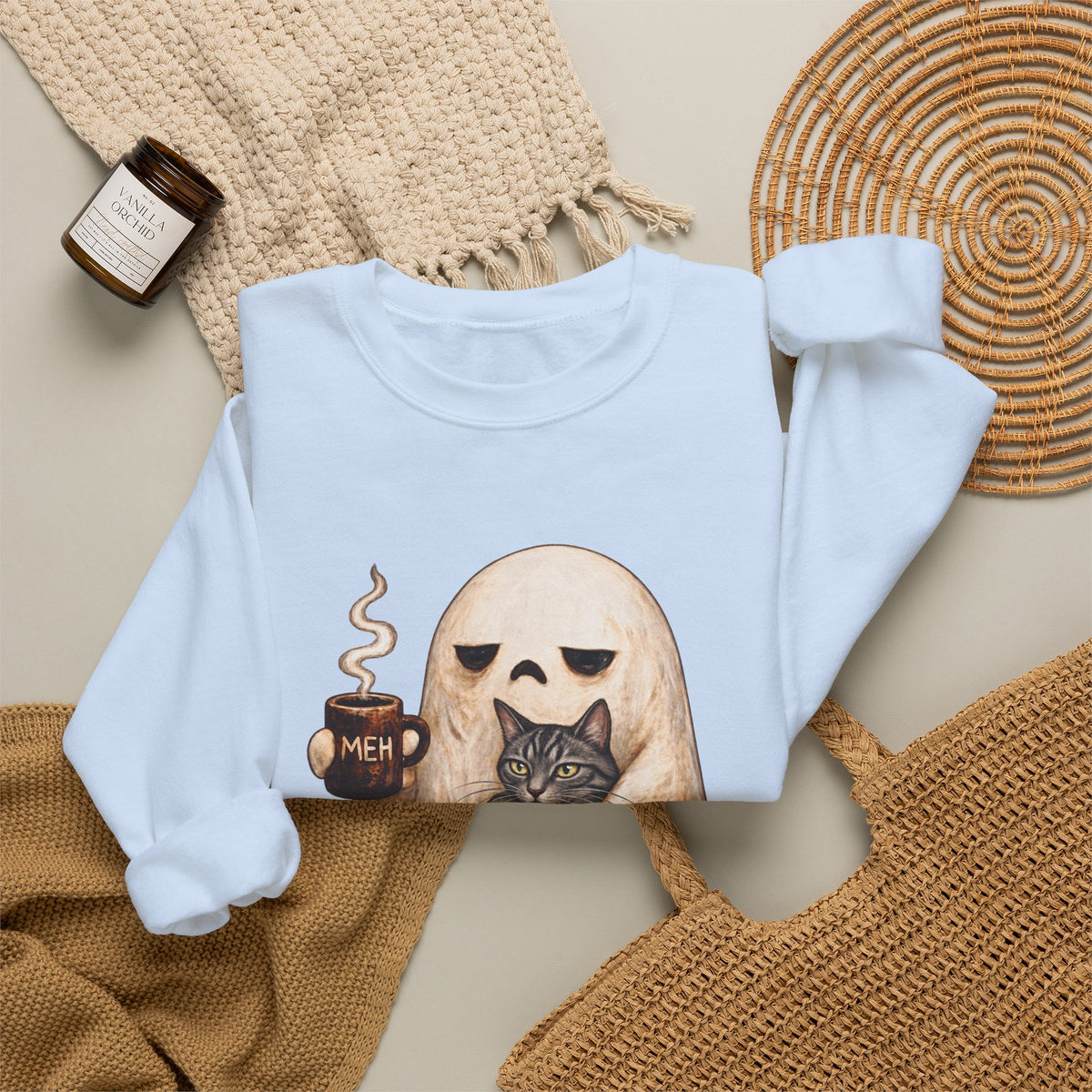 Meh Ghost and Gray Tabby Cat - Crewneck Sweatshirt