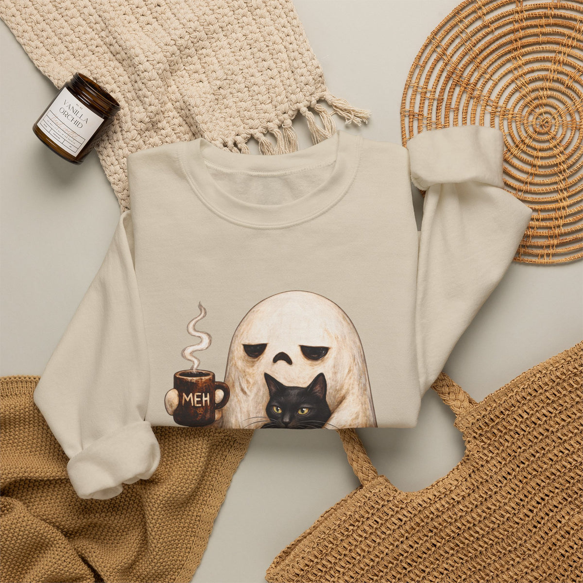 Meh Ghost and Black Cat - Crewneck Sweatshirt