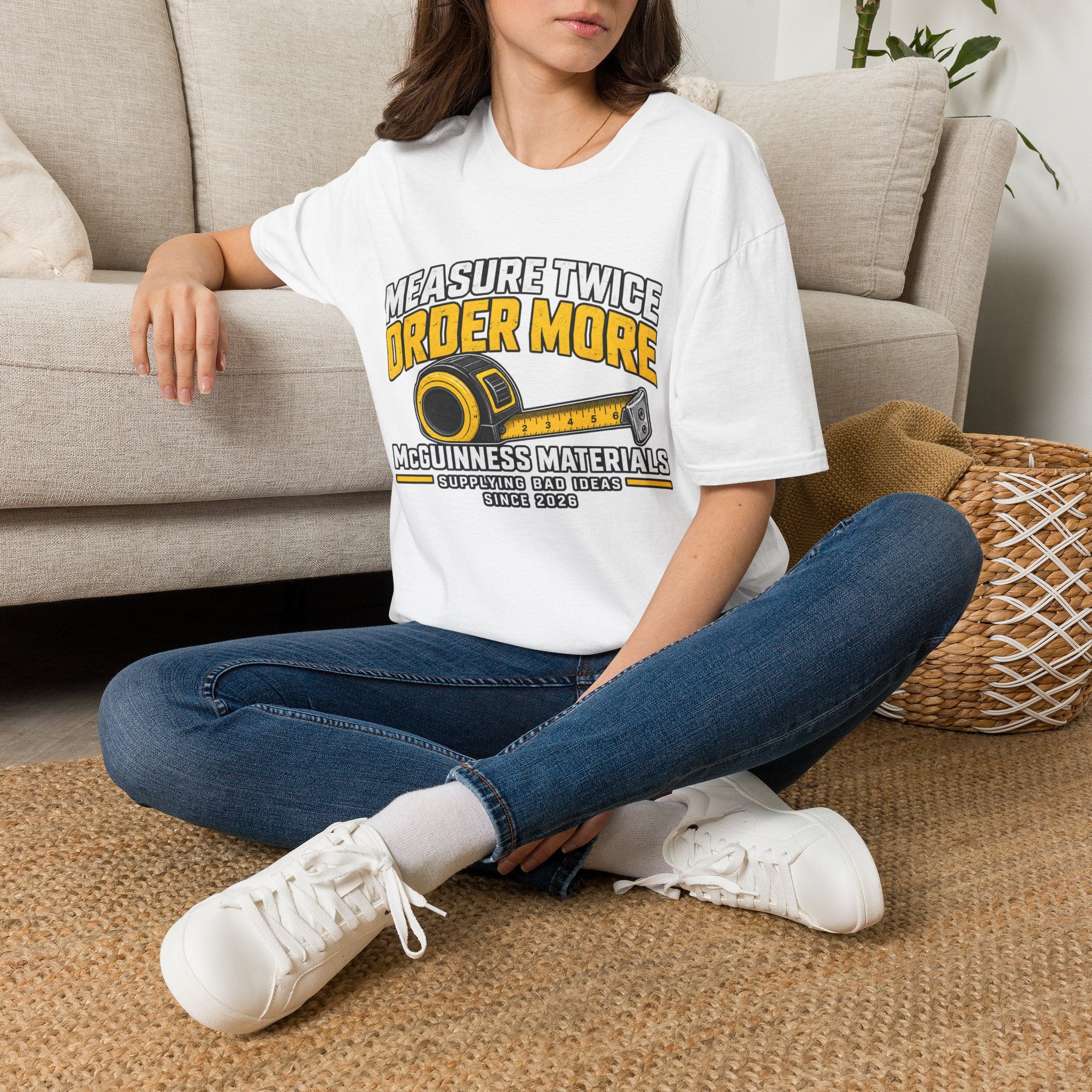 Measure Twice Order More T-Shirt — Funny Contractor Tape Measure Tee for Builders & DIY