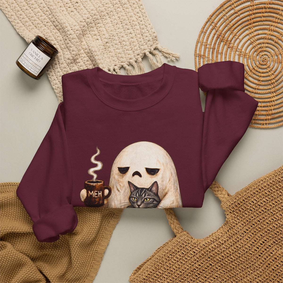 Meh Ghost and Gray Tabby Cat - Crewneck Sweatshirt