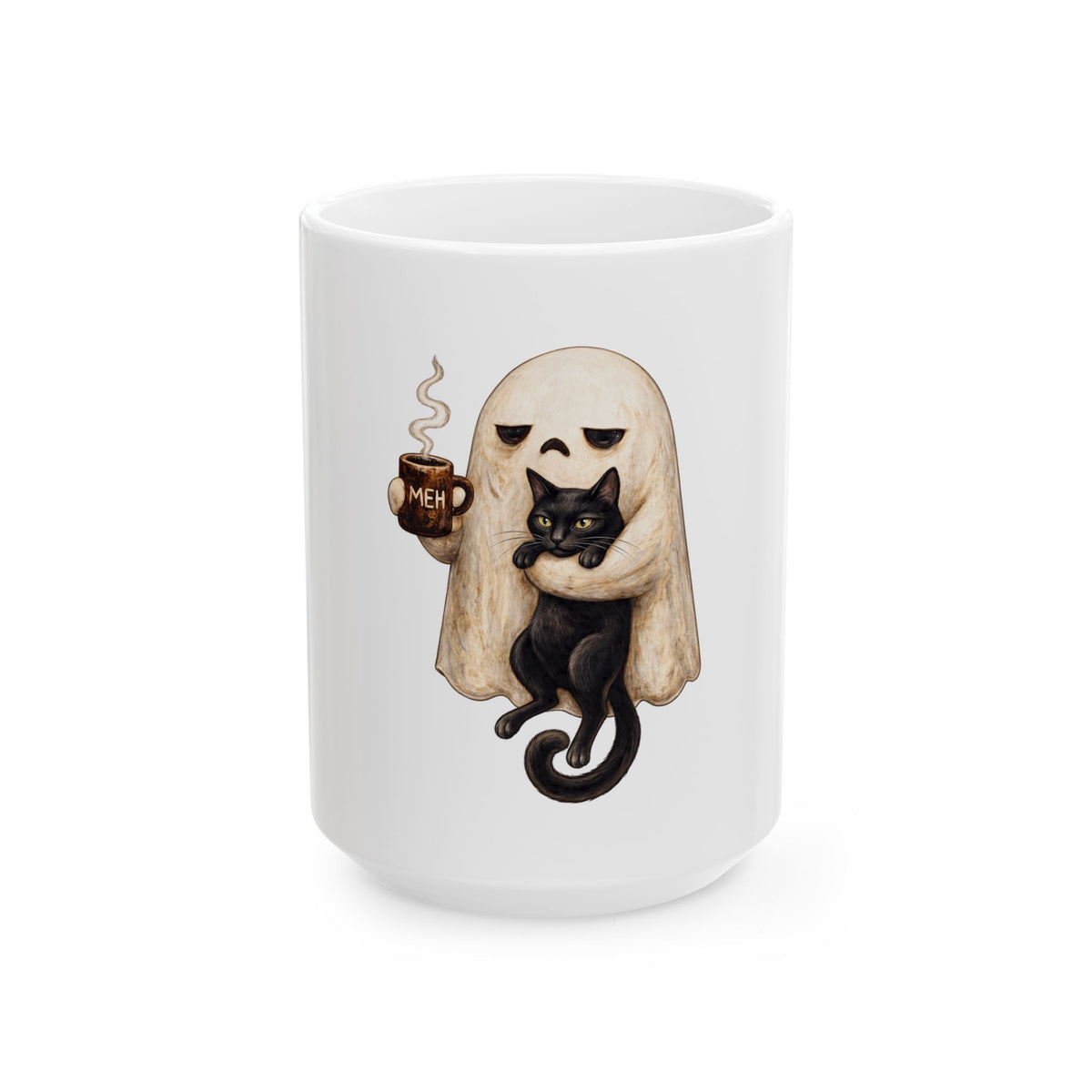 Meh Ghost and Black Cat - Ceramic Mug 11oz and 15oz
