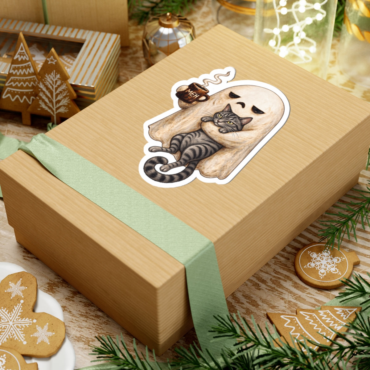 Meh Ghost and Gray Tabby Cat - Kiss-Cut Sticker