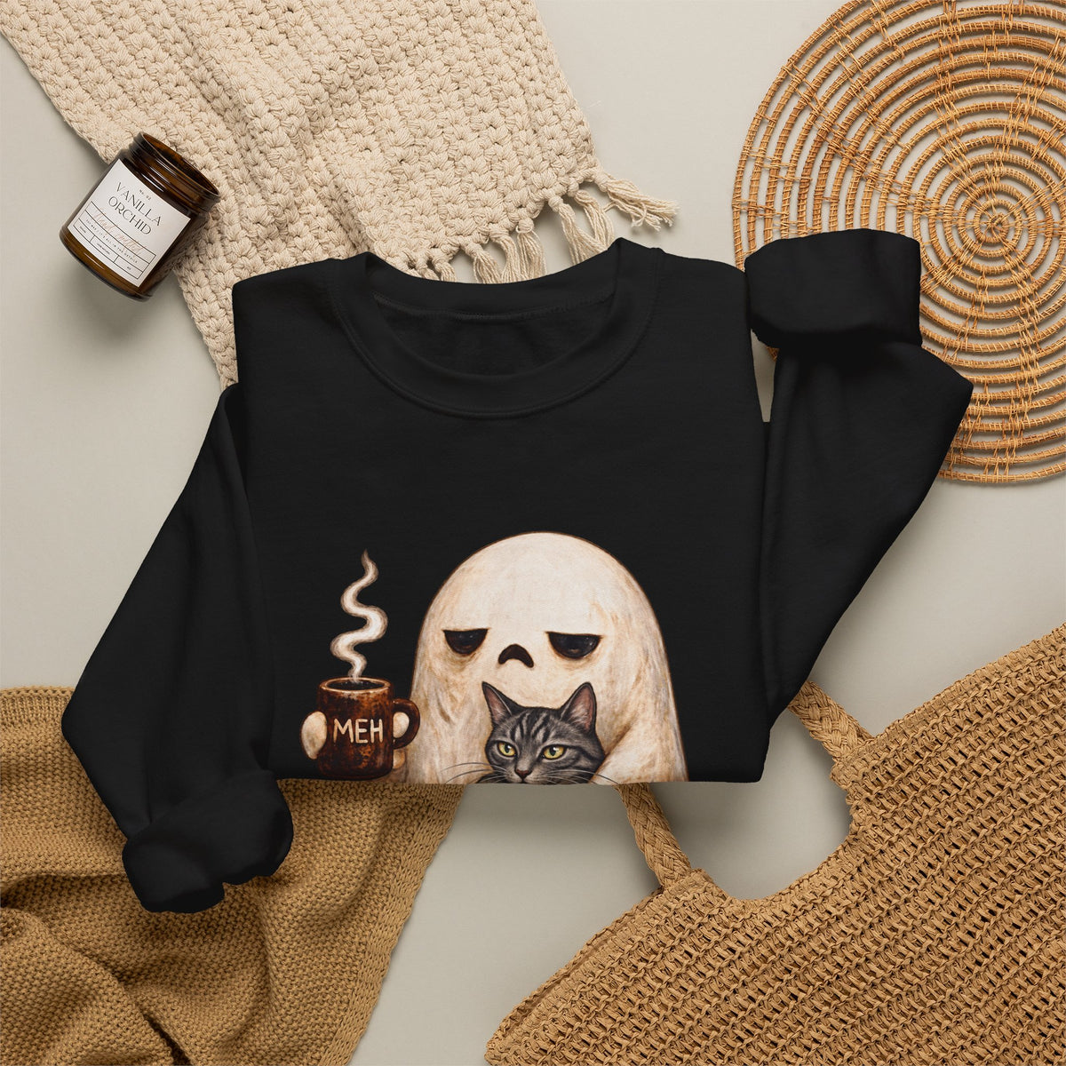Meh Ghost and Gray Tabby Cat - Crewneck Sweatshirt