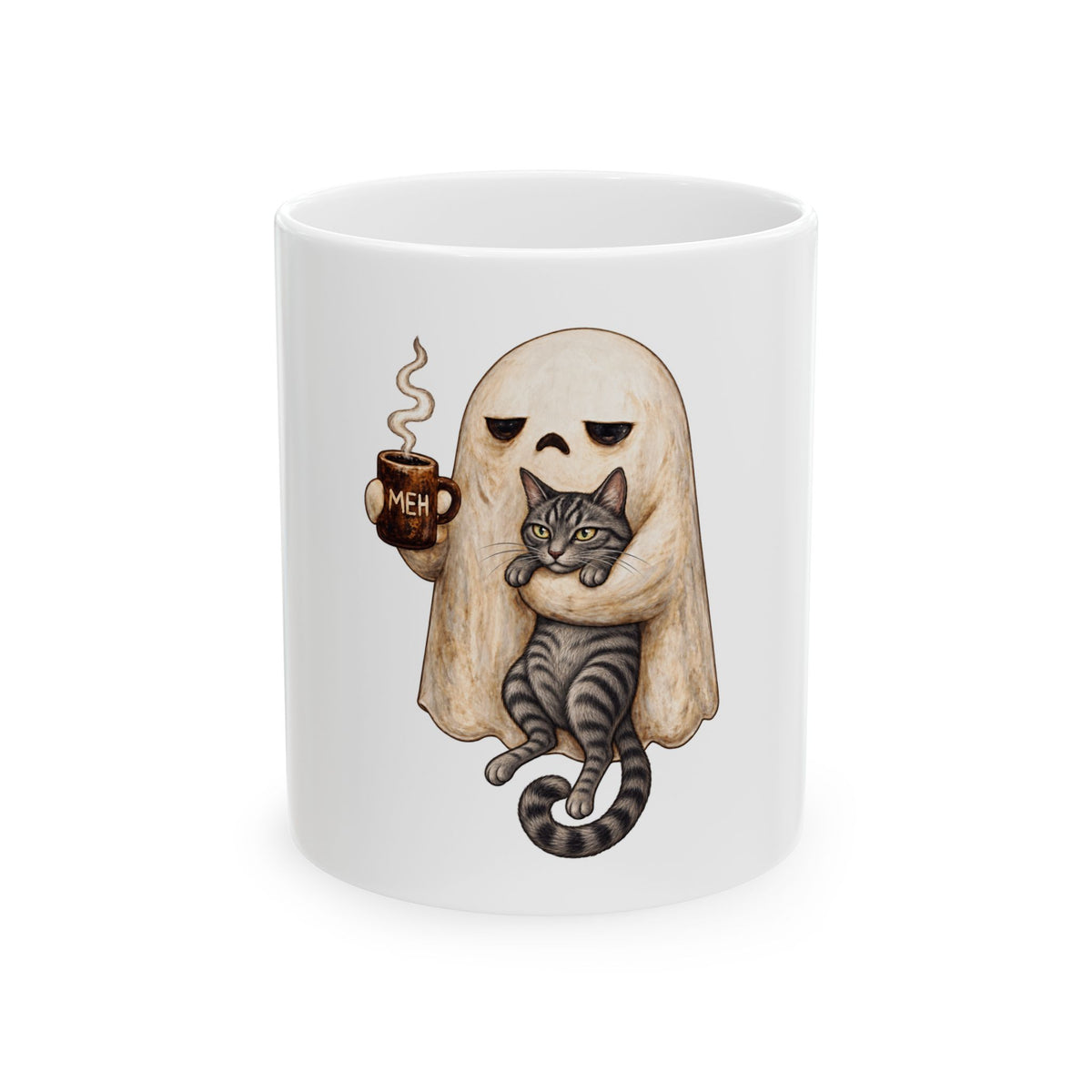 Meh Ghost and Gray Tabby Cat - Ceramic Mug 11oz and 15oz