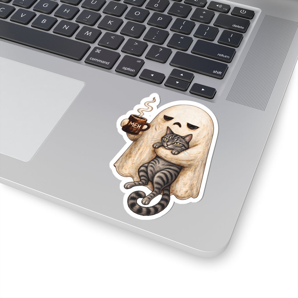 Meh Ghost and Gray Tabby Cat - Kiss-Cut Sticker