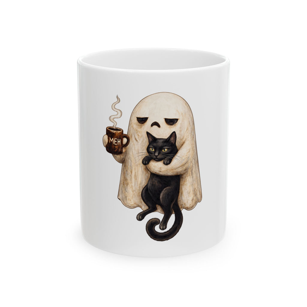 Meh Ghost and Black Cat - Ceramic Mug 11oz and 15oz