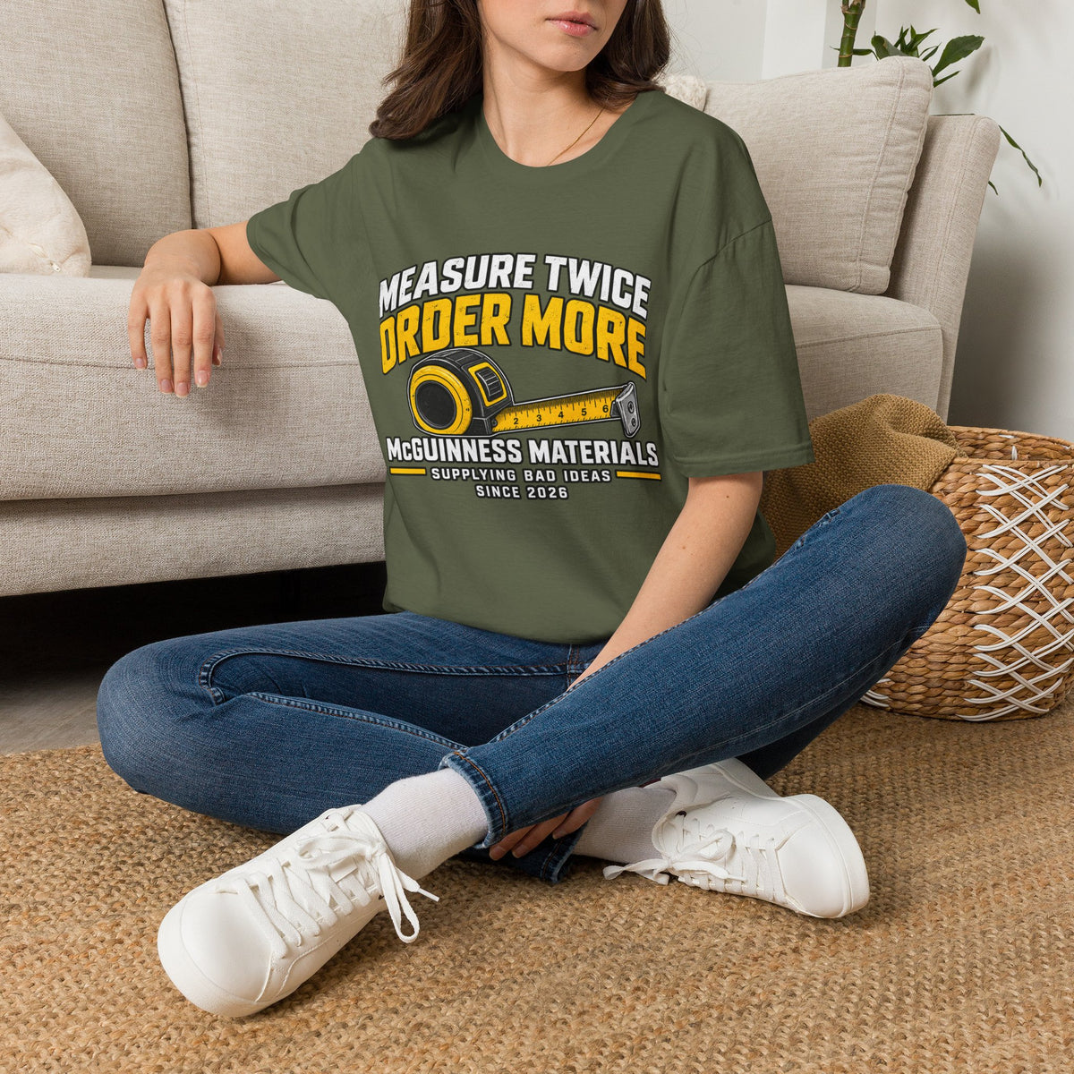 Measure Twice Order More T-Shirt — Funny Contractor Tape Measure Tee for Builders & DIY