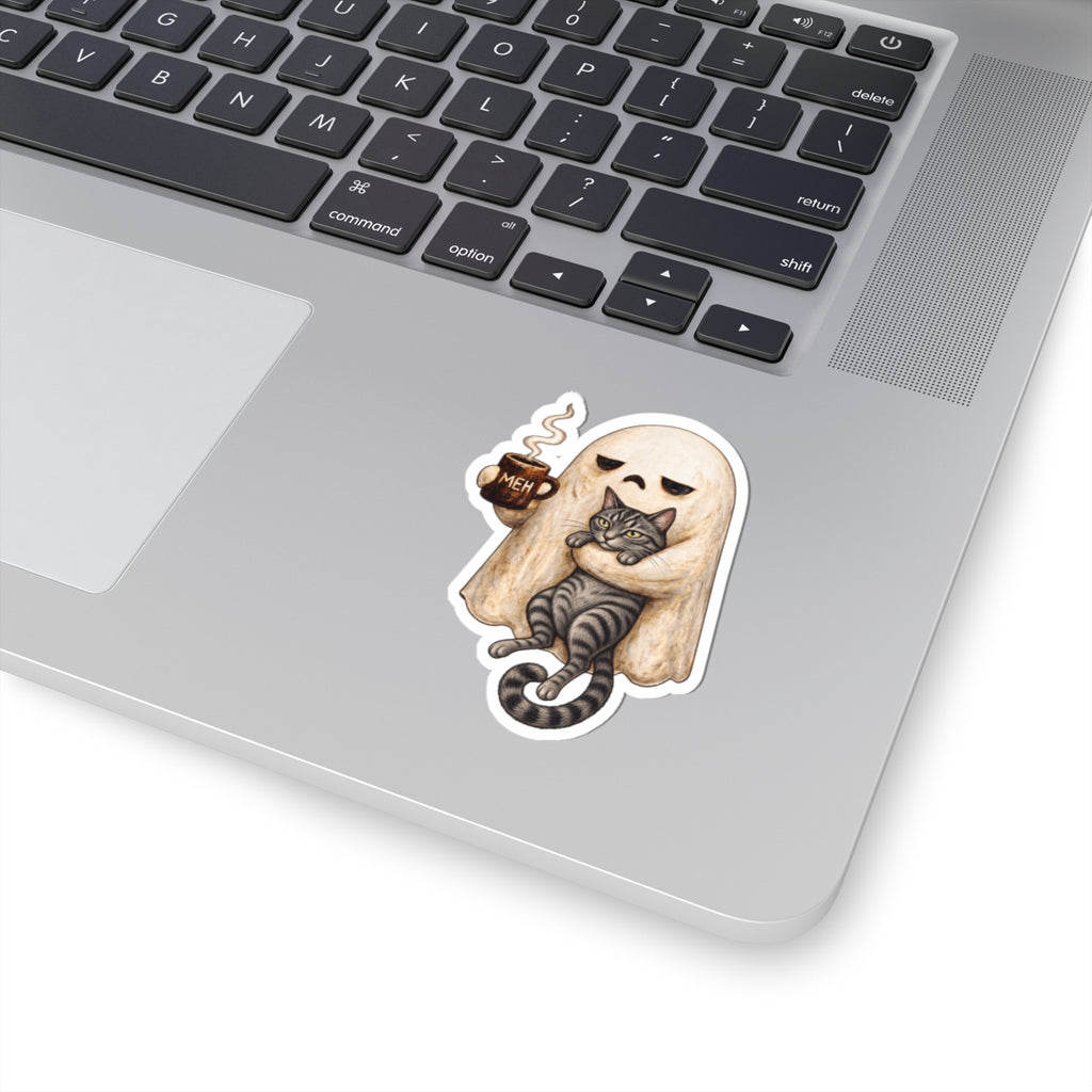 Meh Ghost and Gray Tabby Cat - Kiss-Cut Sticker